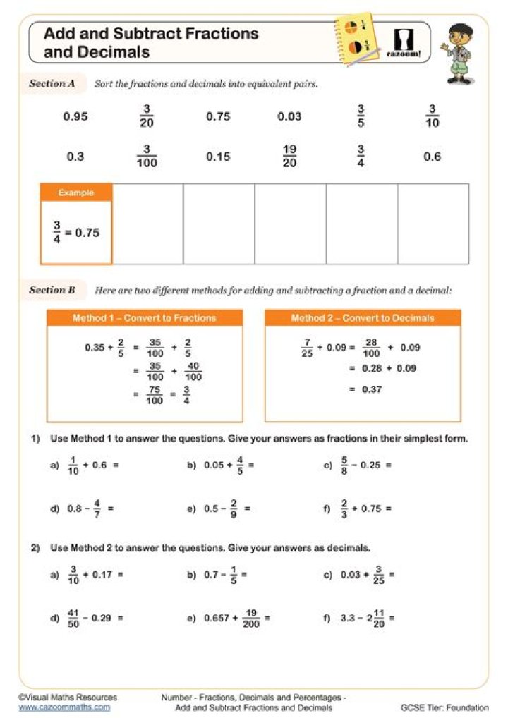 Free PDF Worksheet: Add and Subtract Decimals & Fractions