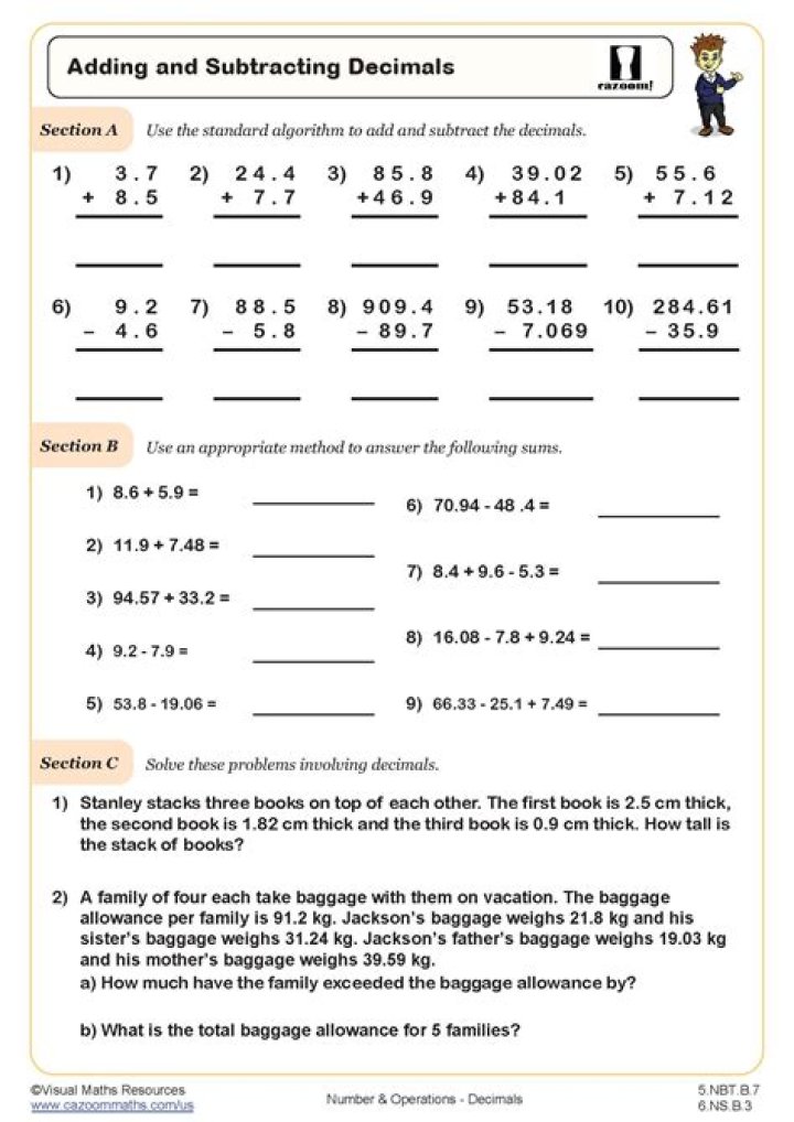 Adding and Subtracting Decimals with Models Worksheets PDF