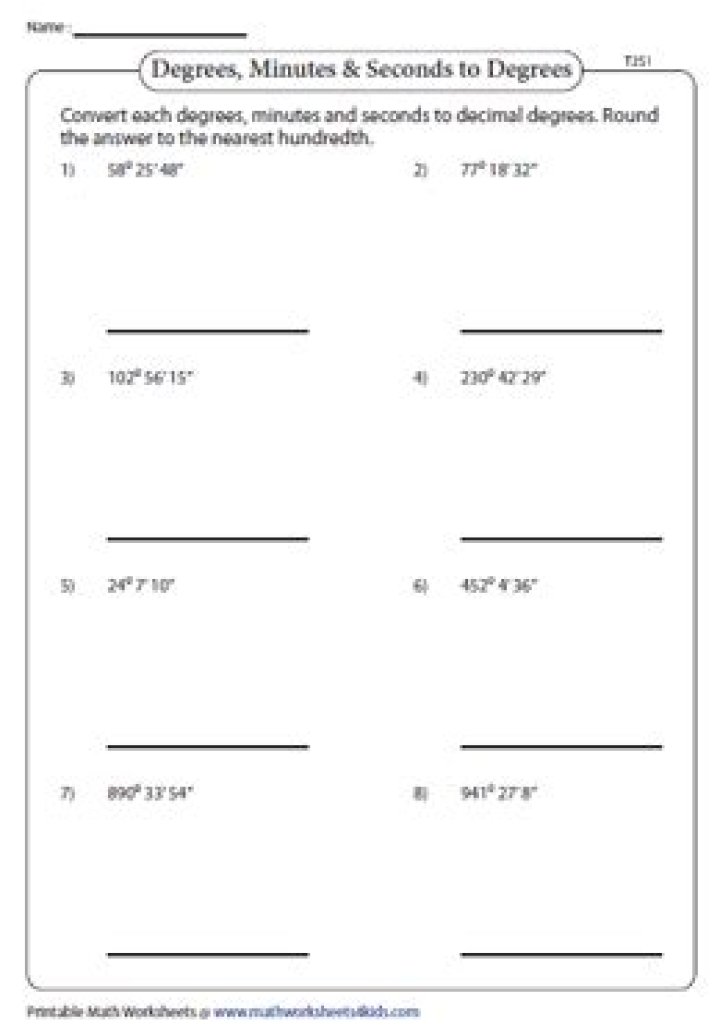 Printable PDF Worksheet: Adding and Subtracting Degrees, Minutes, and Seconds