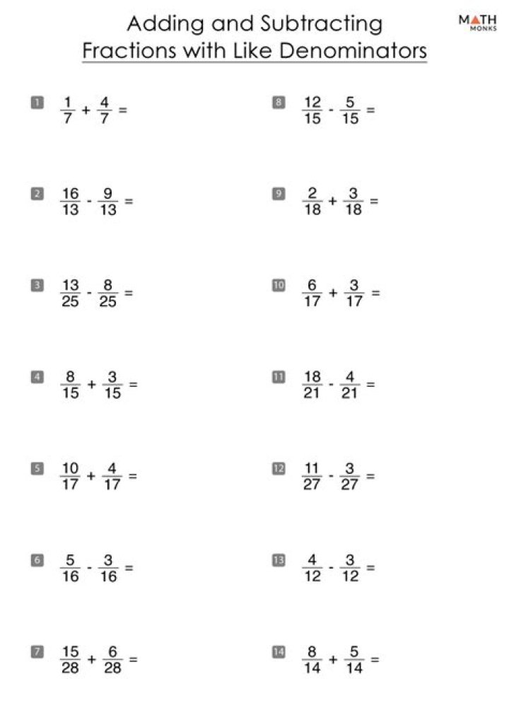 Free PDF Worksheet: Adding and Subtracting Fractions with Like Denominators