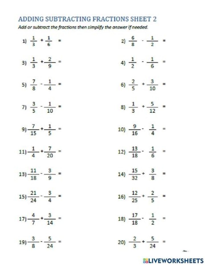 Free Worksheets: Adding and Subtracting Fractions with Like Denominators