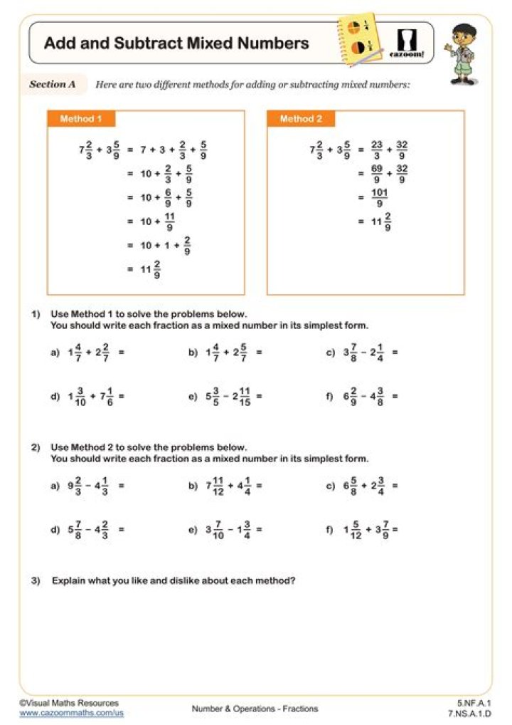 Add and Subtract Mixed Numbers Fractions Worksheets PDF | Instant Download