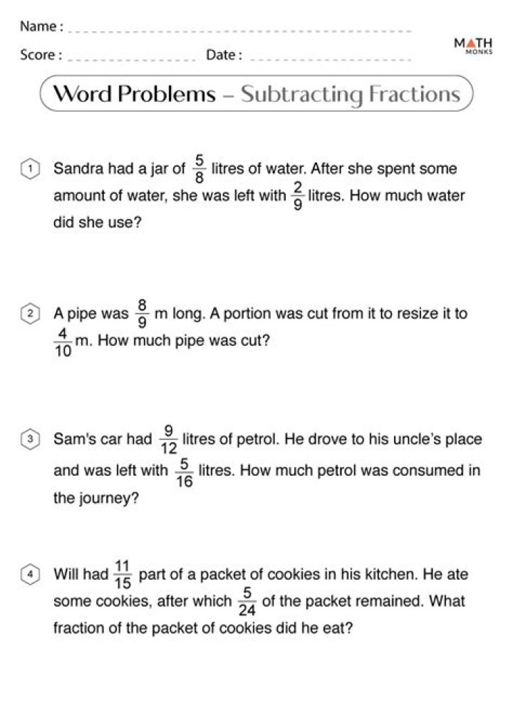 Free PDF Worksheets: Adding and Subtracting Fractions Word Problems