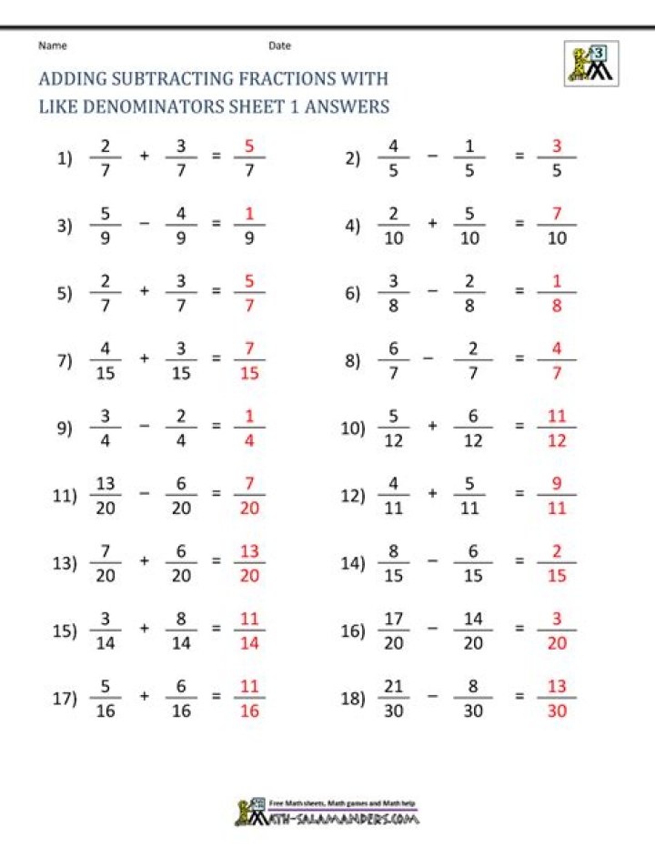Free PDF Worksheets: Adding and Subtracting Fractions with Answers