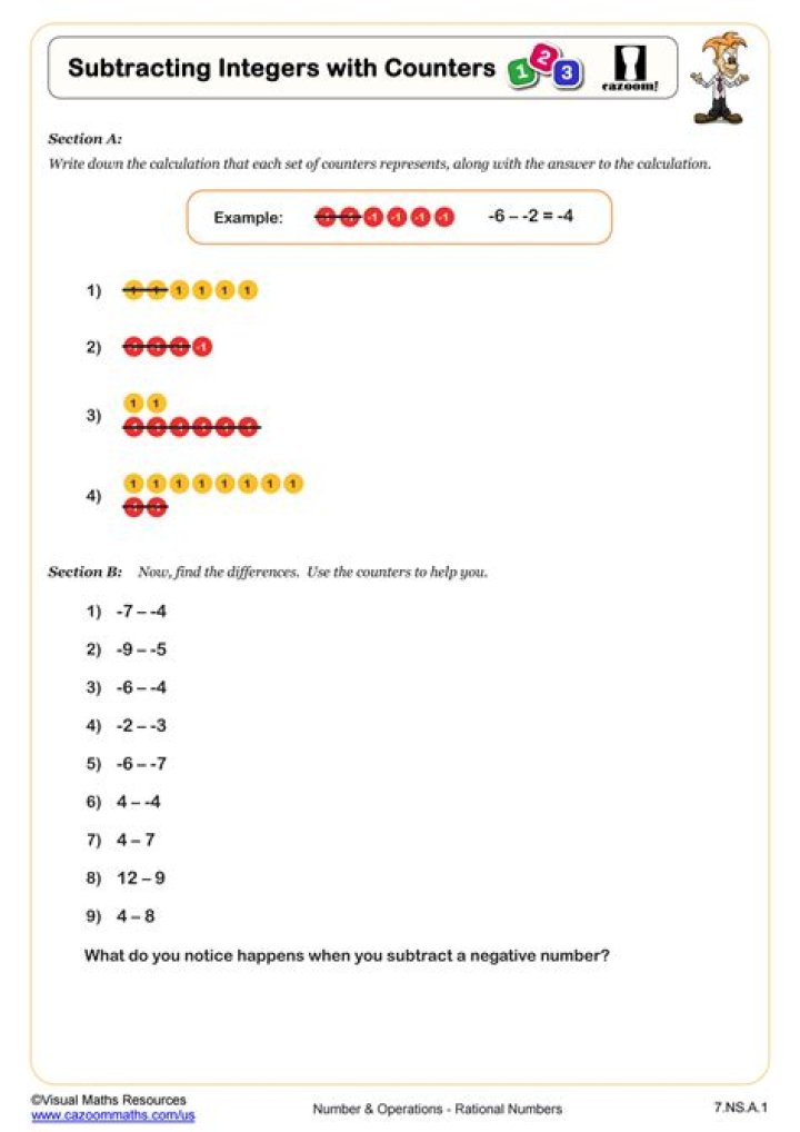 Adding and Subtracting Integers with Counters Worksheet PDF
