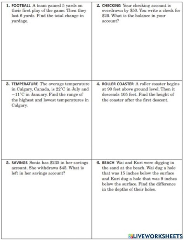 Adding and Subtracting Integers Word Problems Worksheet PDF