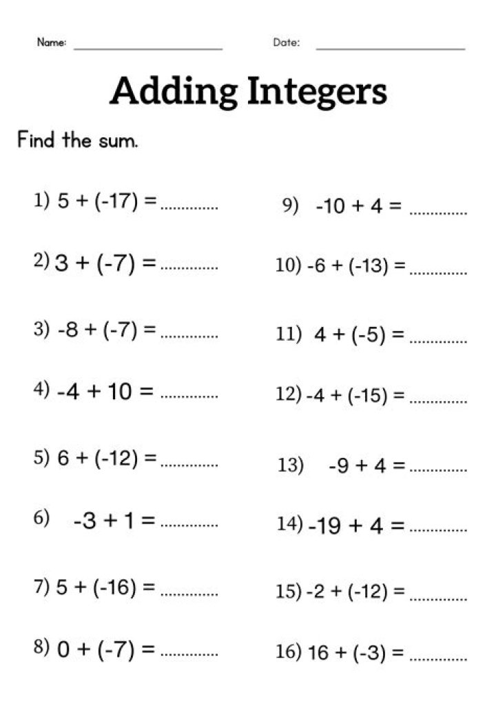 7th Grade Integer Operations Worksheet: Add & Subtract PDF