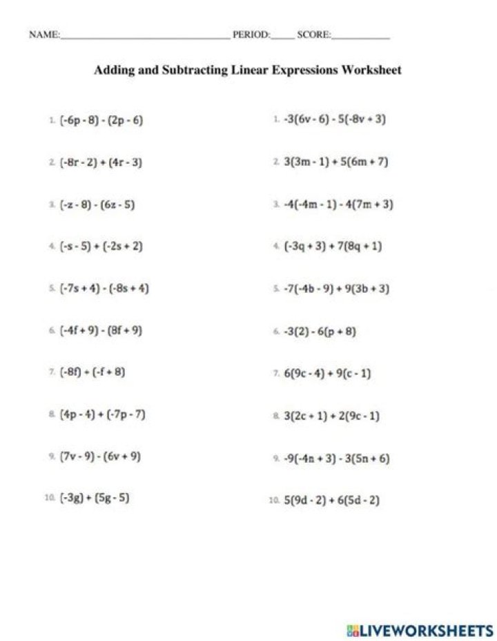 Free Adding and Subtracting Linear Expressions Worksheet PDF for Practice