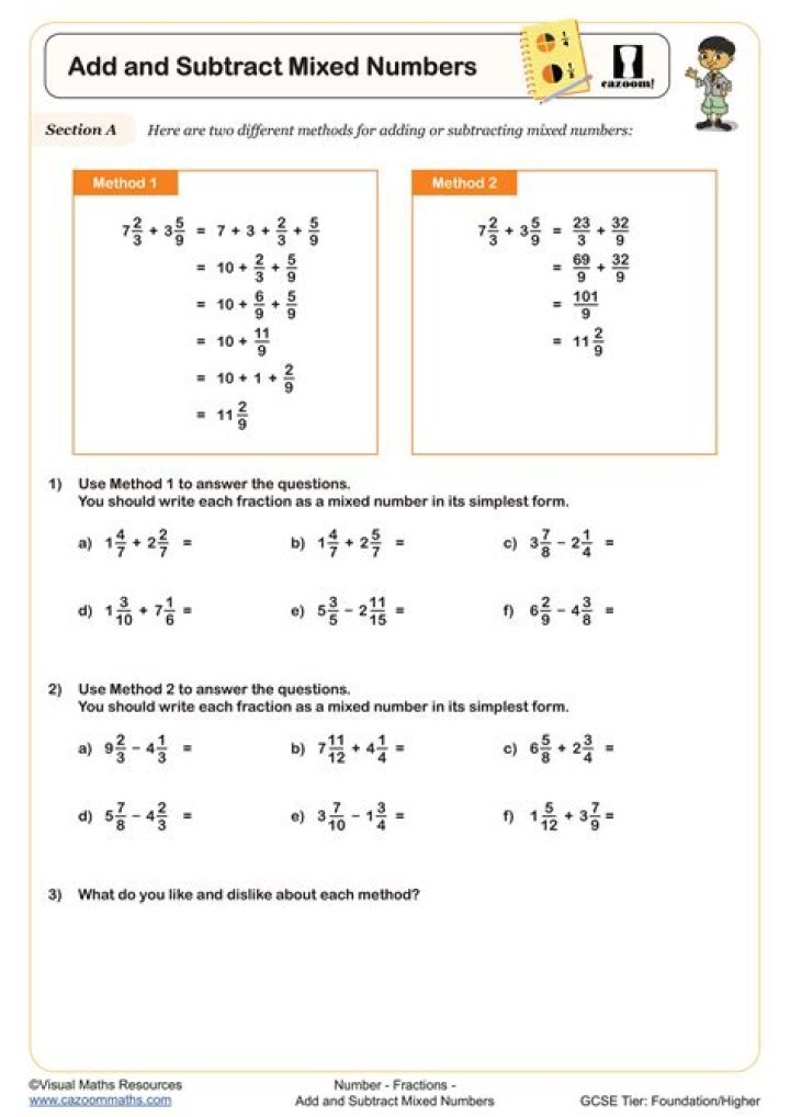 Adding and Subtracting Mixed Numbers Worksheets PDF with Answers