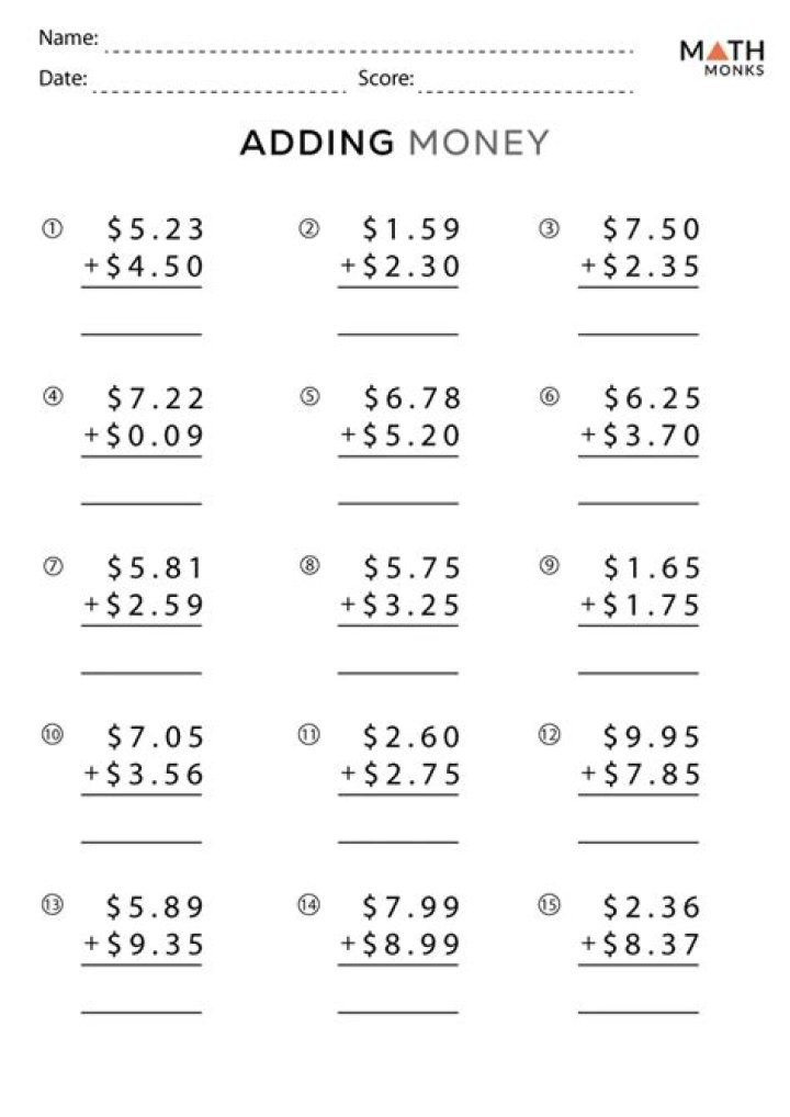 Free PDF Worksheets for Adding and Subtracting Money