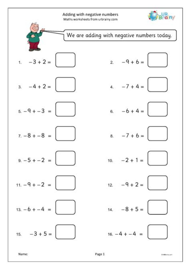 Adding and Subtracting Negative Numbers Worksheet with Answers PDF