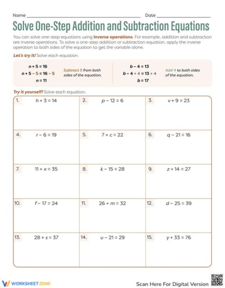 Free Adding & Subtracting One-Step Equations Worksheet PDF – Instant Download