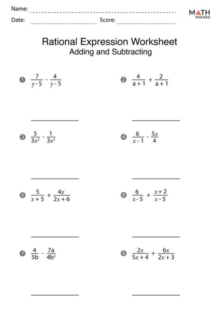 Adding & Subtracting Rational Expressions with Like Denominators Worksheet PDF