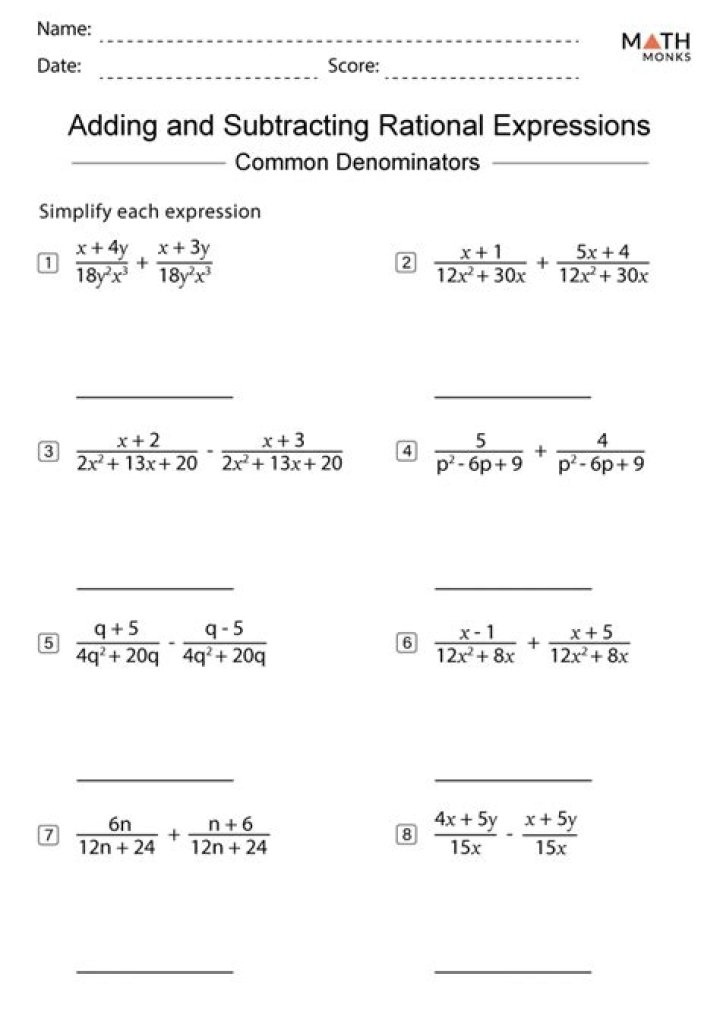 Algebra 2 Worksheet: Adding and Subtracting Rational Expressions PDF