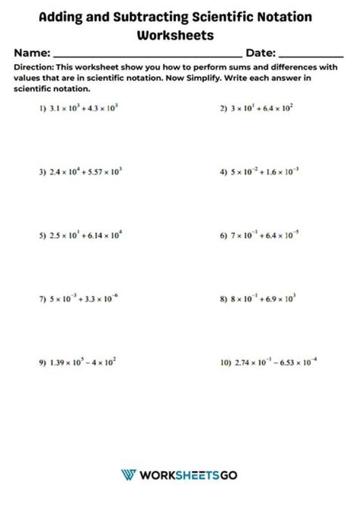 Adding and Subtracting Scientific Notation Worksheet with Answers PDF