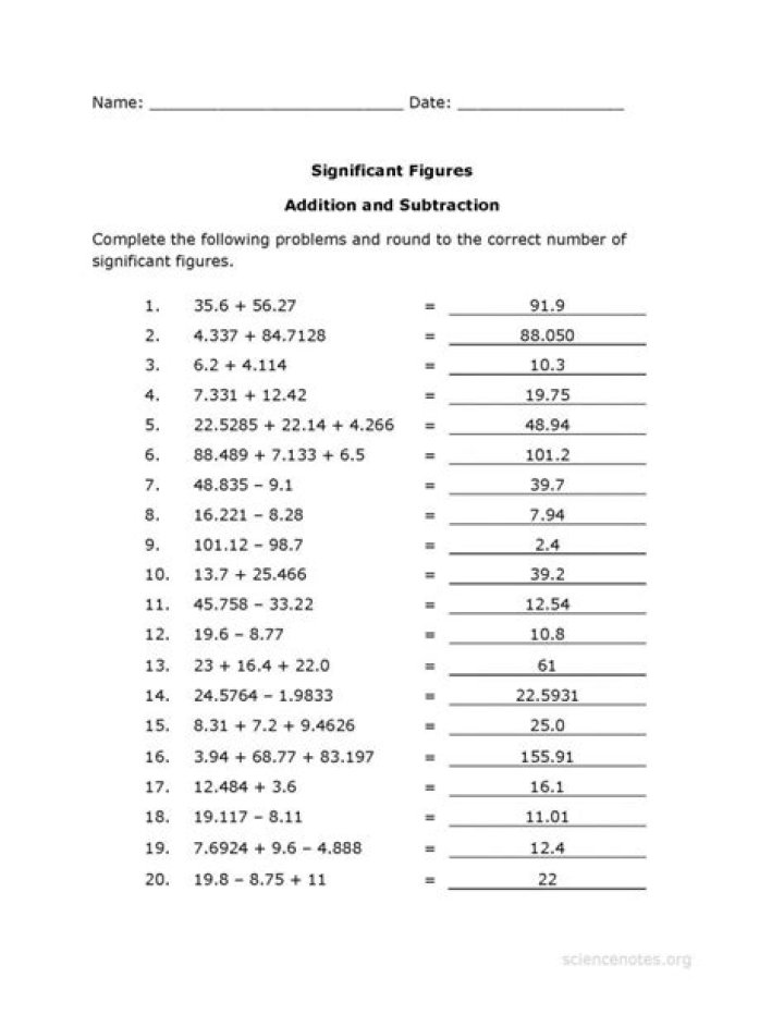 Adding and Subtracting Significant Figures Worksheet with Answers PDF