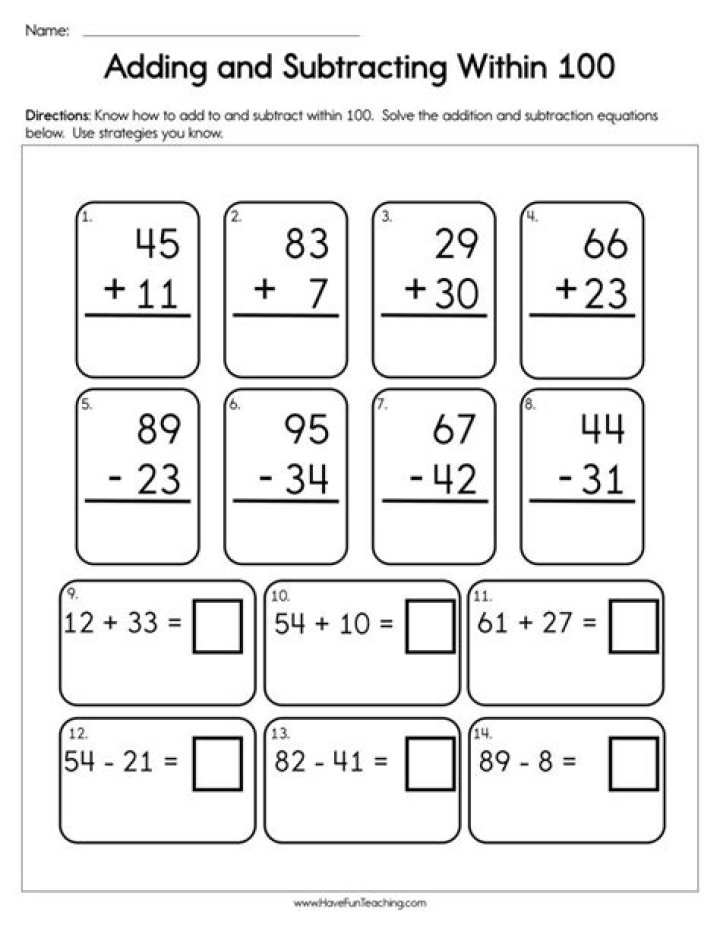 Free Adding & Subtracting Worksheets Up to 100 PDF
