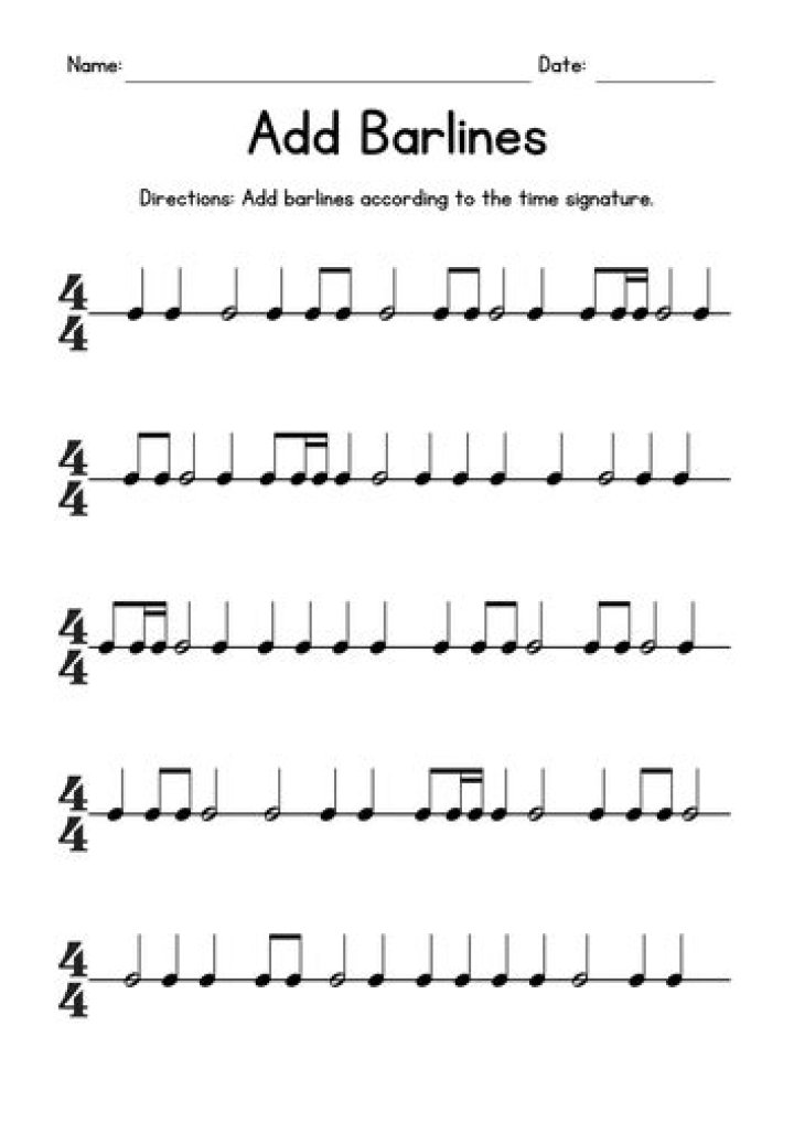 Adding Bar Lines Worksheet PDF for Music Students