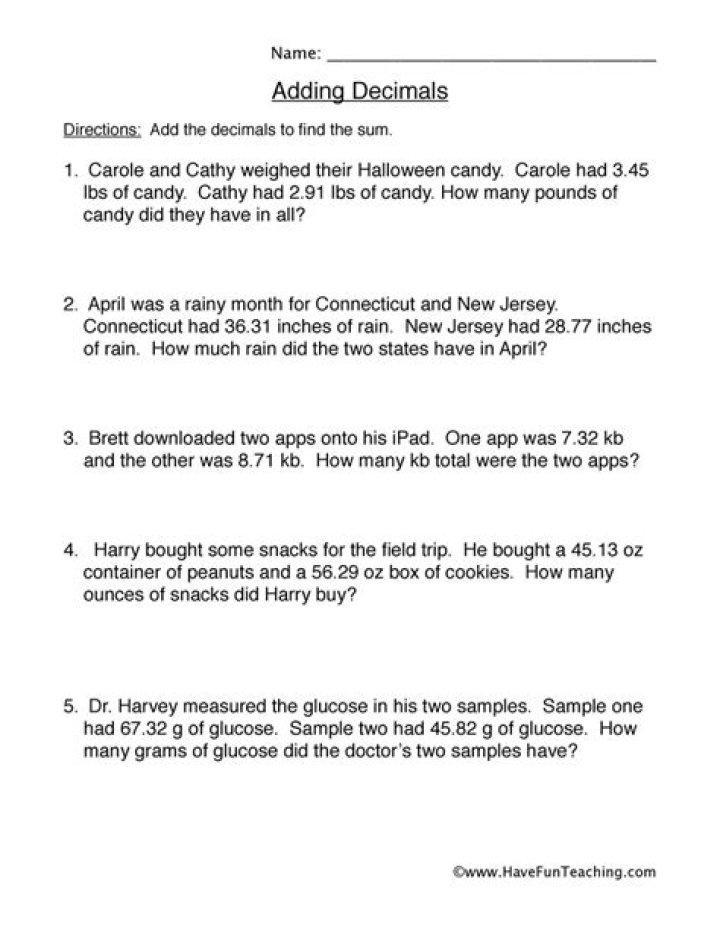 Free Adding Decimals Word Problems Worksheet PDF