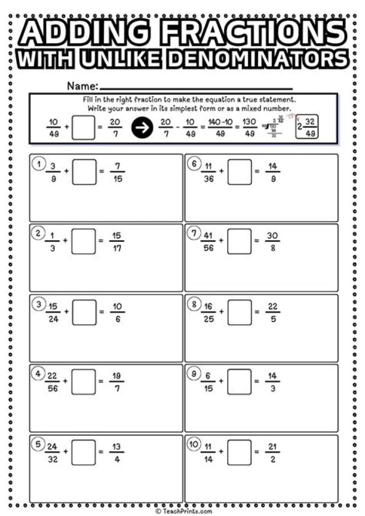 Adding Fractions with Unlike Denominators Worksheets PDF – Instant Practice
