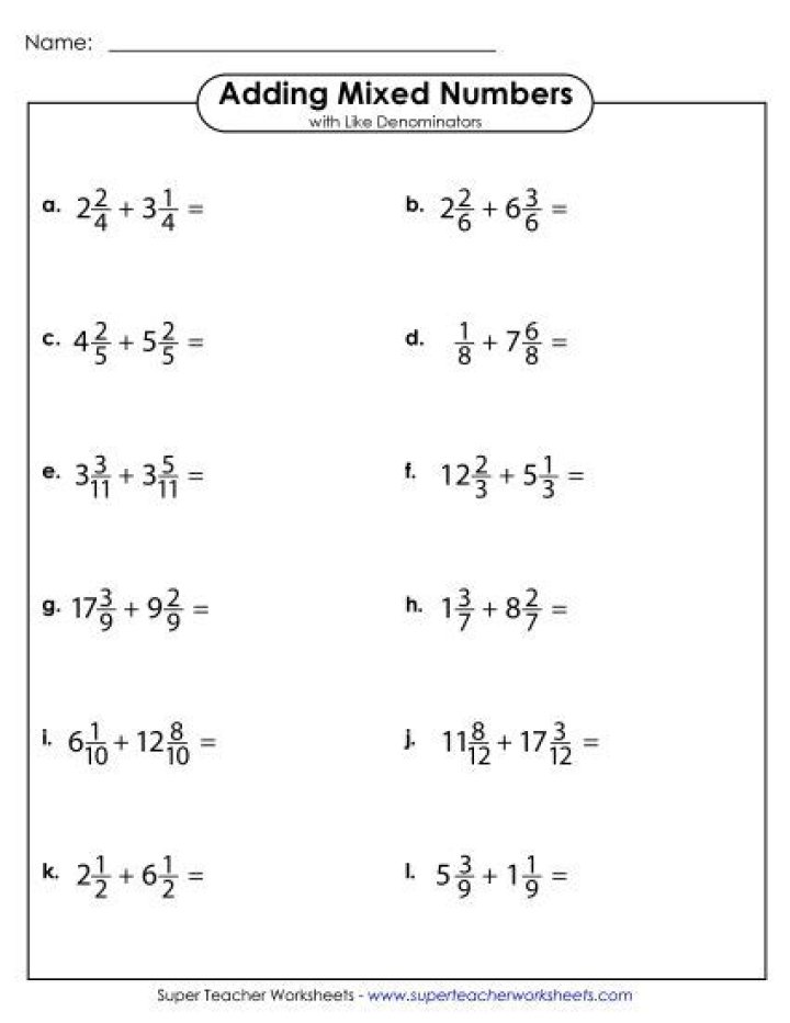 Add Mixed Numbers with Like Denominators Worksheet PDF – Instant Practice