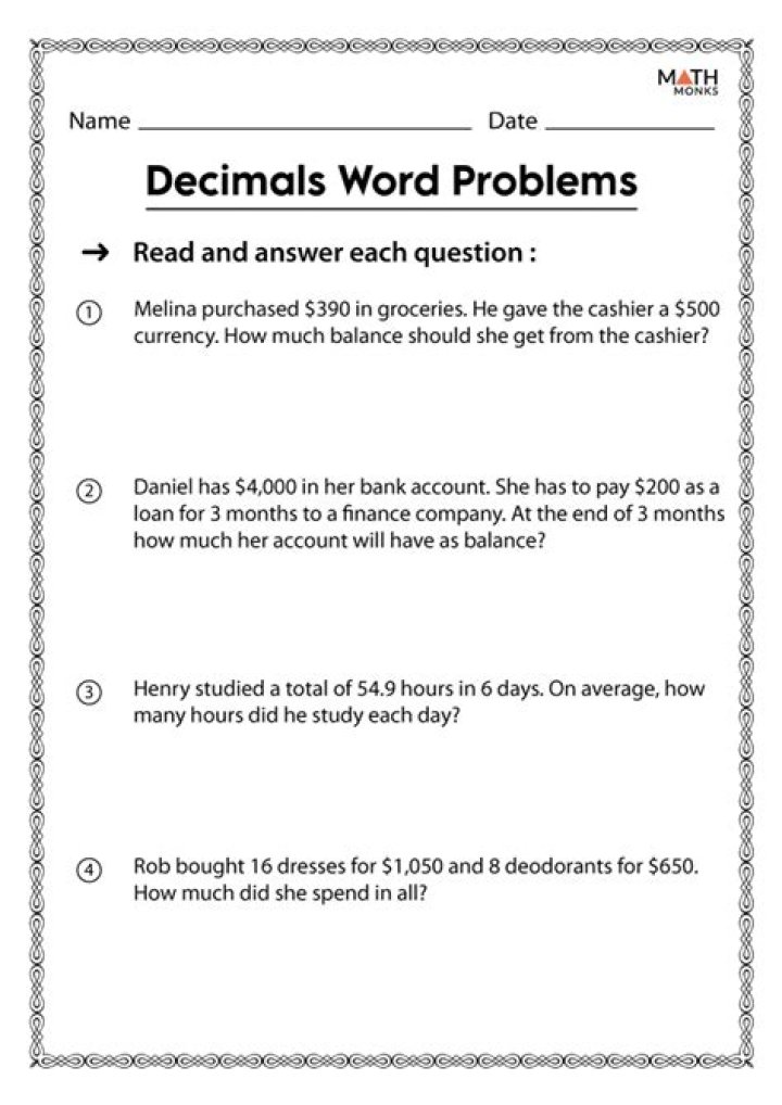 Free PDF Worksheets: Adding, Subtracting, Multiplying, and Dividing Decimals with Word Problems