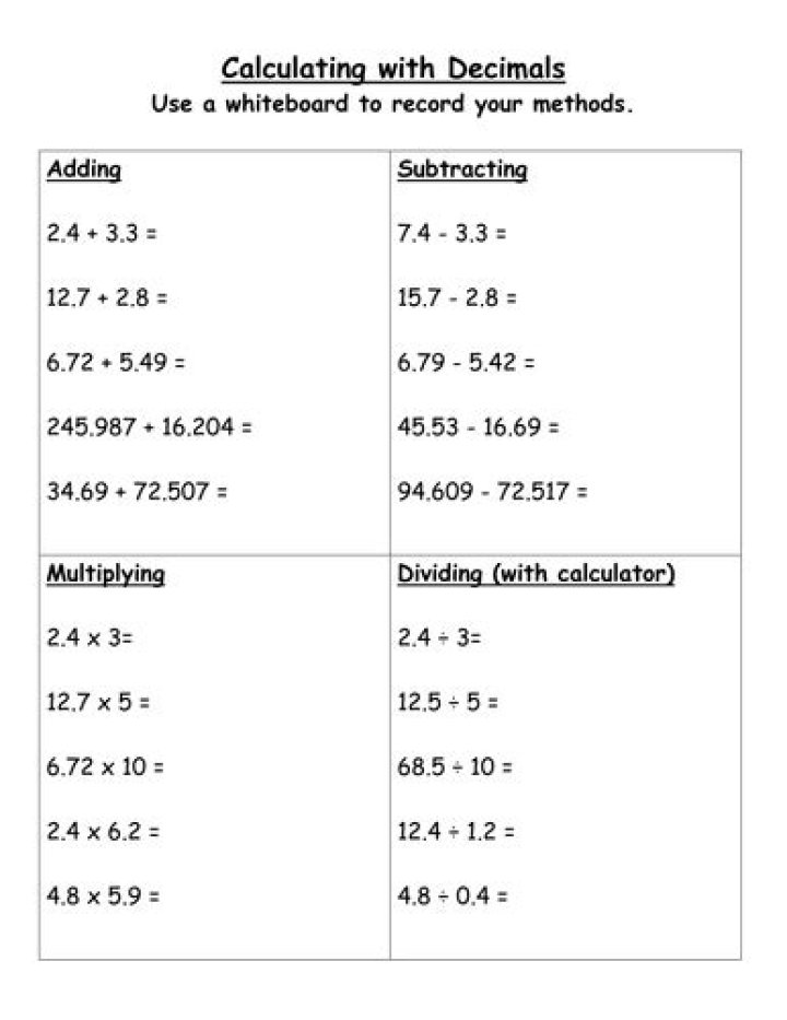 Free PDF: Adding, Subtracting, Multiplying & Dividing Decimals Worksheet