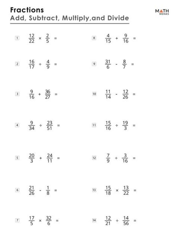 Adding, Subtracting, Multiplying, and Dividing Fractions Worksheet with Answers PDF