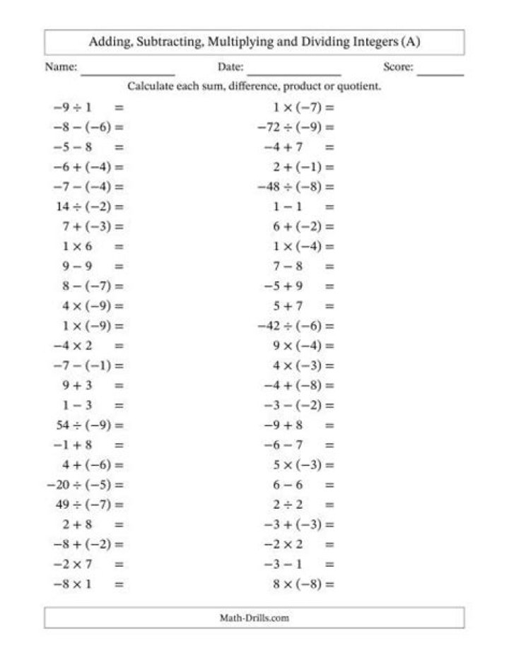 Free PDF: Adding, Subtracting, Multiplying & Dividing Integers Worksheet with Answers