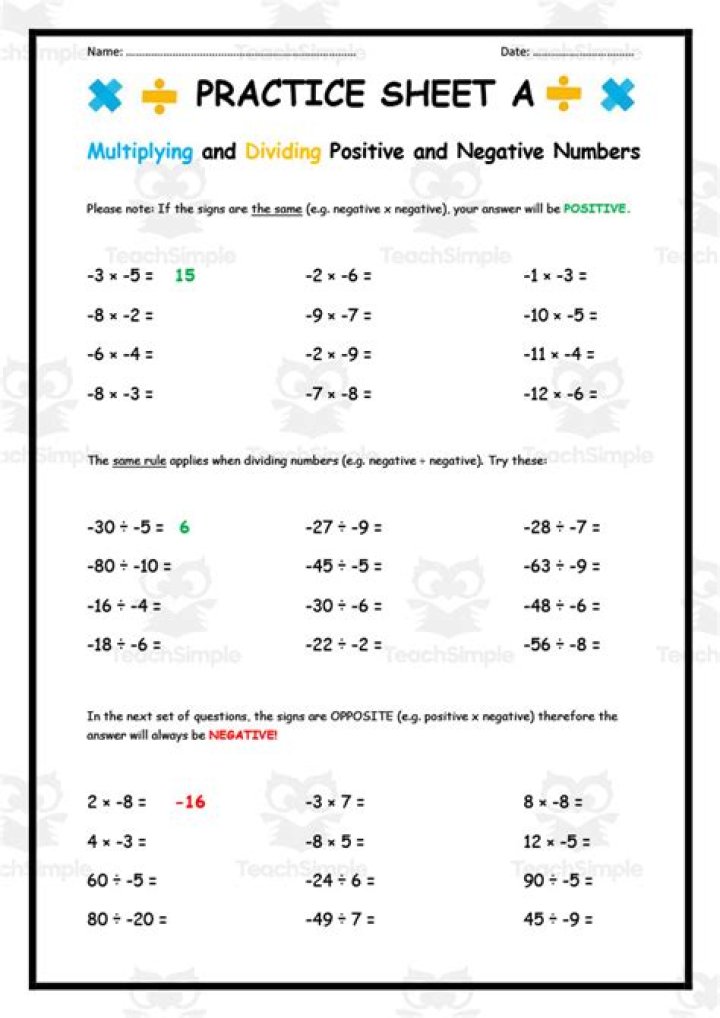 Free PDF Worksheet: Adding, Subtracting, Multiplying & Dividing Negative Numbers
