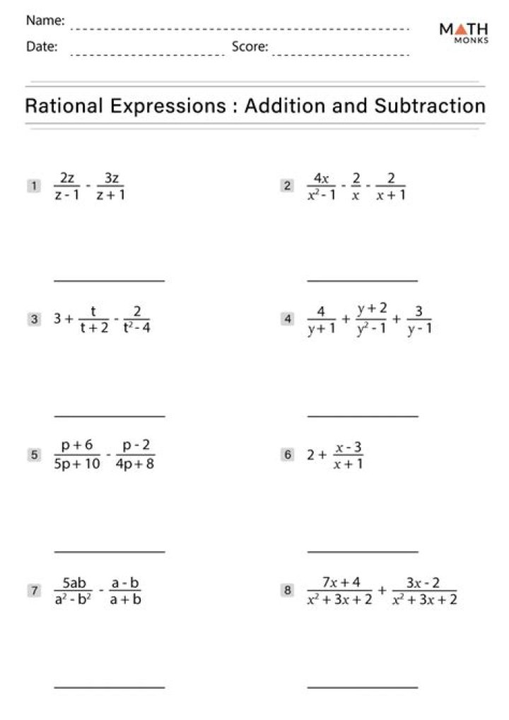 Free PDF: Adding and Subtracting Rational Expressions Worksheet