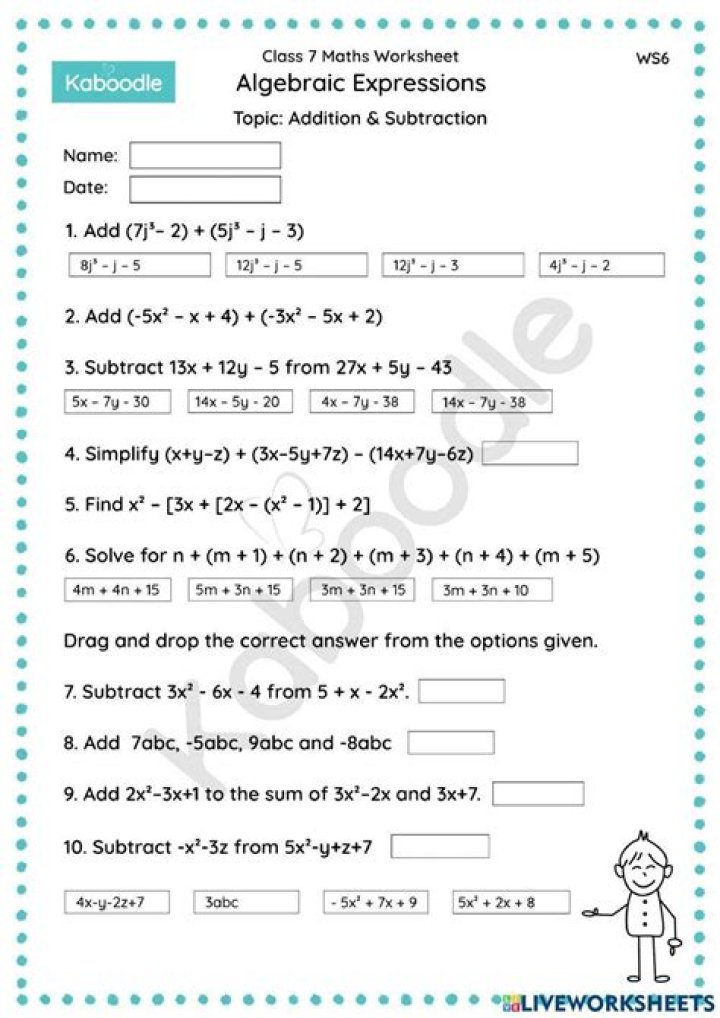 Free Class 8 Algebra Worksheets: Addition & Subtraction of Expressions PDF