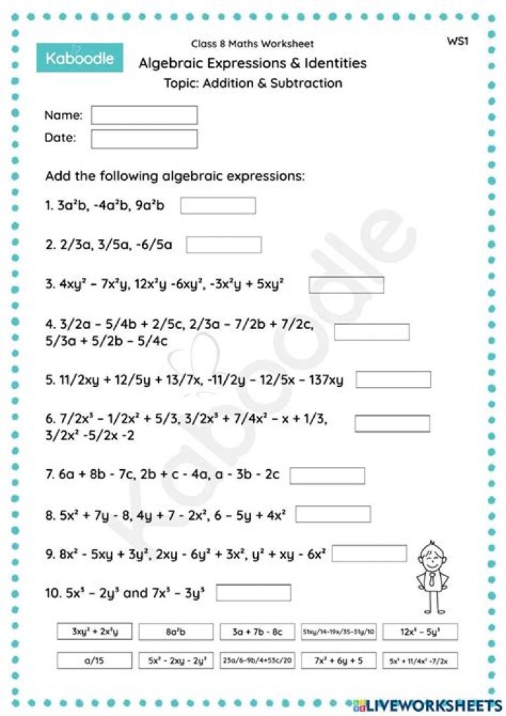 Free PDF Worksheets: Addition and Subtraction of Algebraic Expressions