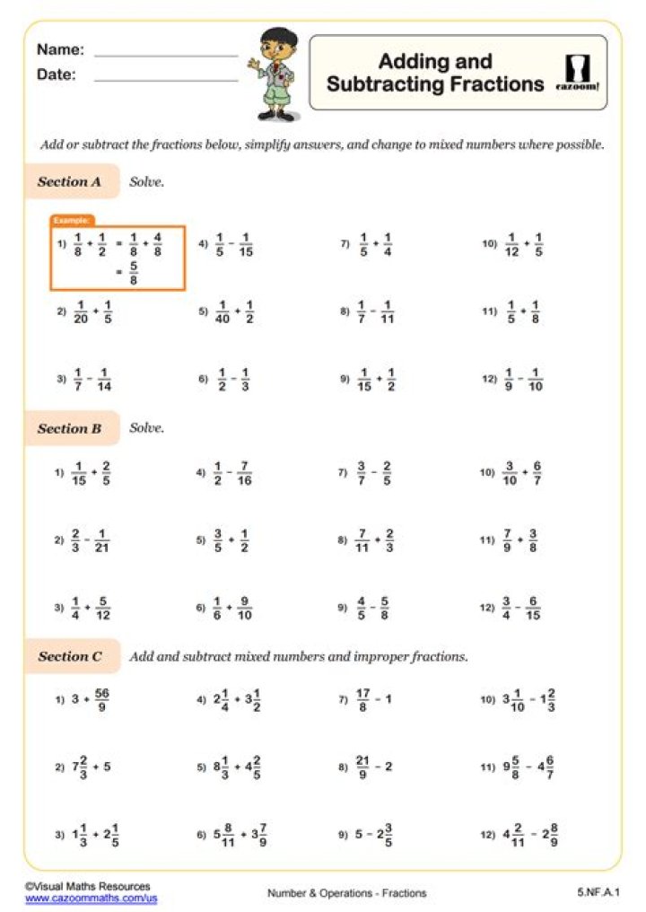Free Addition and Subtraction of Fractions Worksheets with Answers PDF