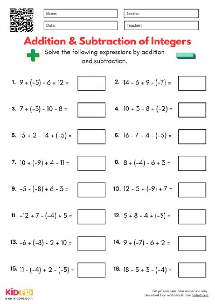Free Addition and Subtraction of Integers Worksheet PDF