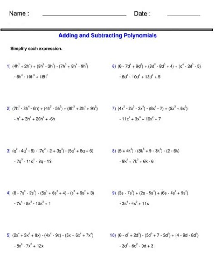 Free Addition and Subtraction of Polynomials Worksheet PDF – Practice Problems