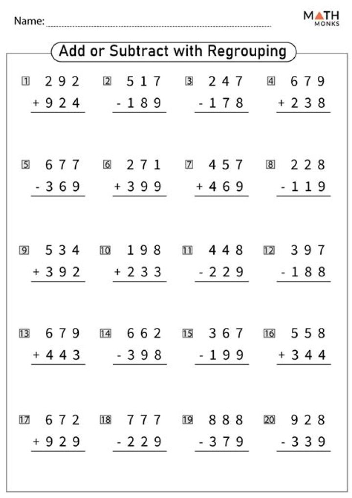 Addition and Subtraction with Regrouping Worksheets PDF for Grade 2-5