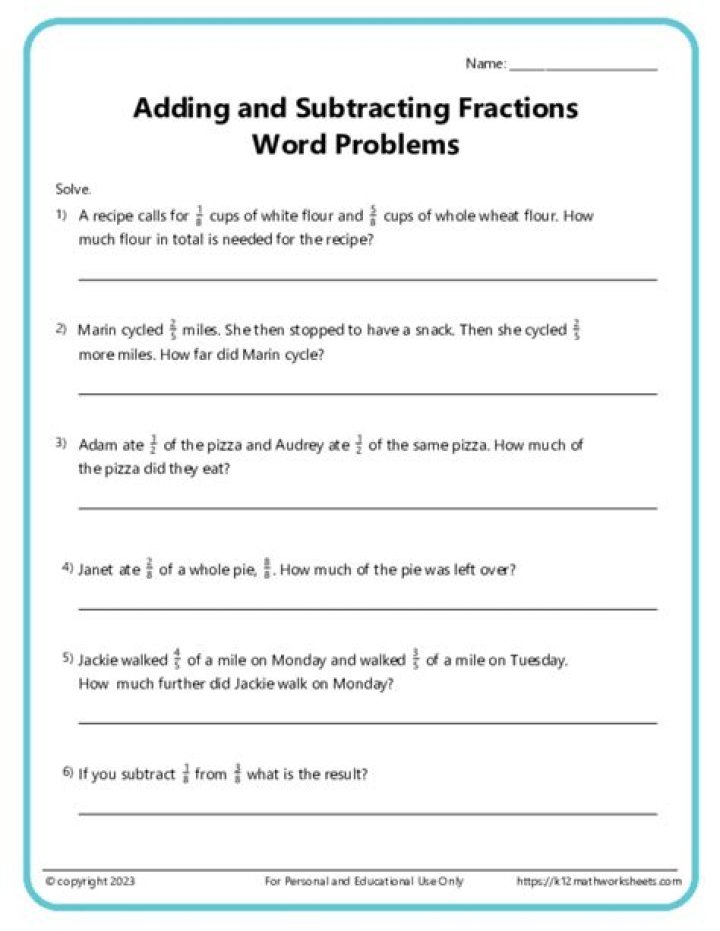 Addition of Fractions Word Problems with Answers PDF | Instant Practice