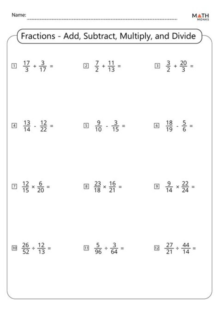 Printable PDF Worksheets for Addition, Subtraction, Multiplication & Division of Fractions