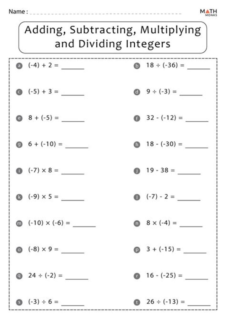 Free Integer Operations Worksheets: Addition, Subtraction, Multiplication & Division PDFs