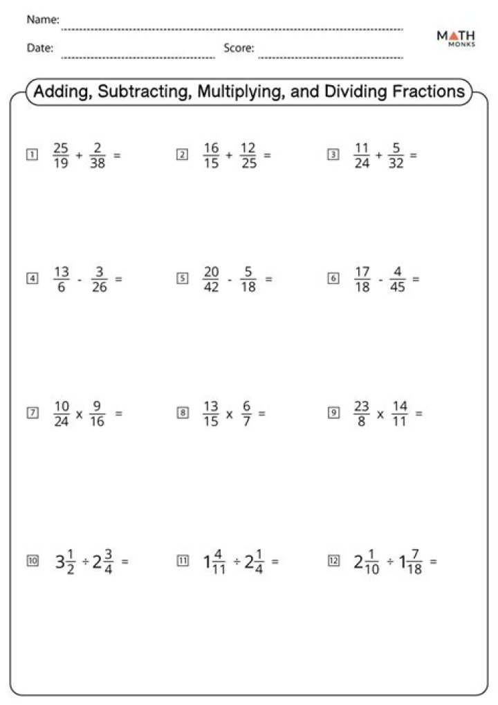 Free Addition, Subtraction, Multiplication & Division of Fractions Worksheets PDF