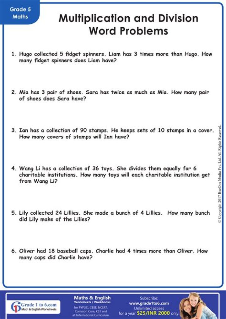 Free Addition, Subtraction, Multiplication & Division Word Problems Worksheets PDF