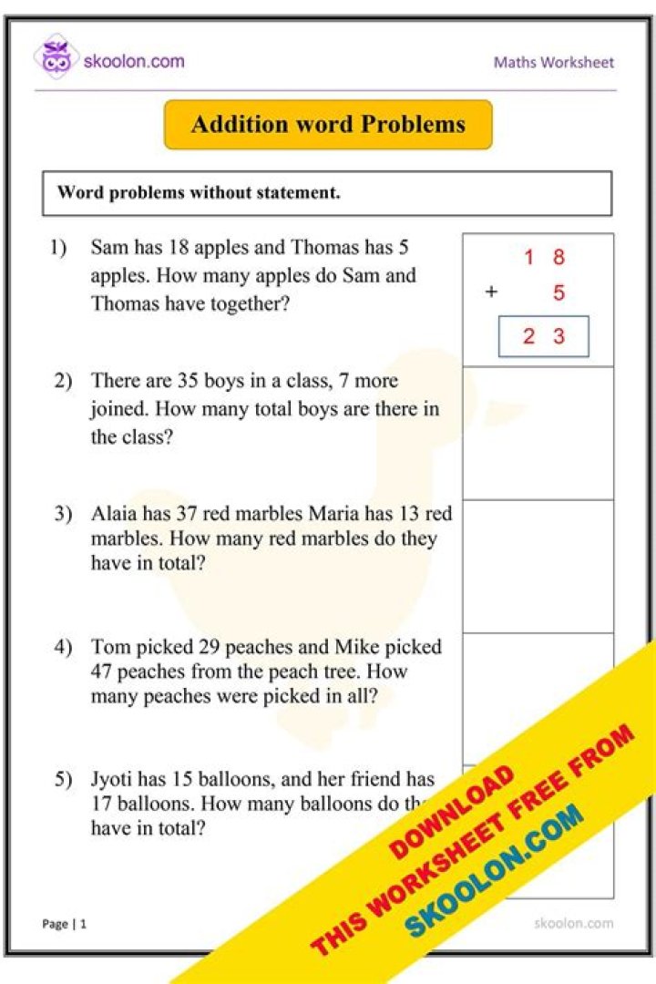 Free Addition Word Problems for Class 4 Worksheets PDF