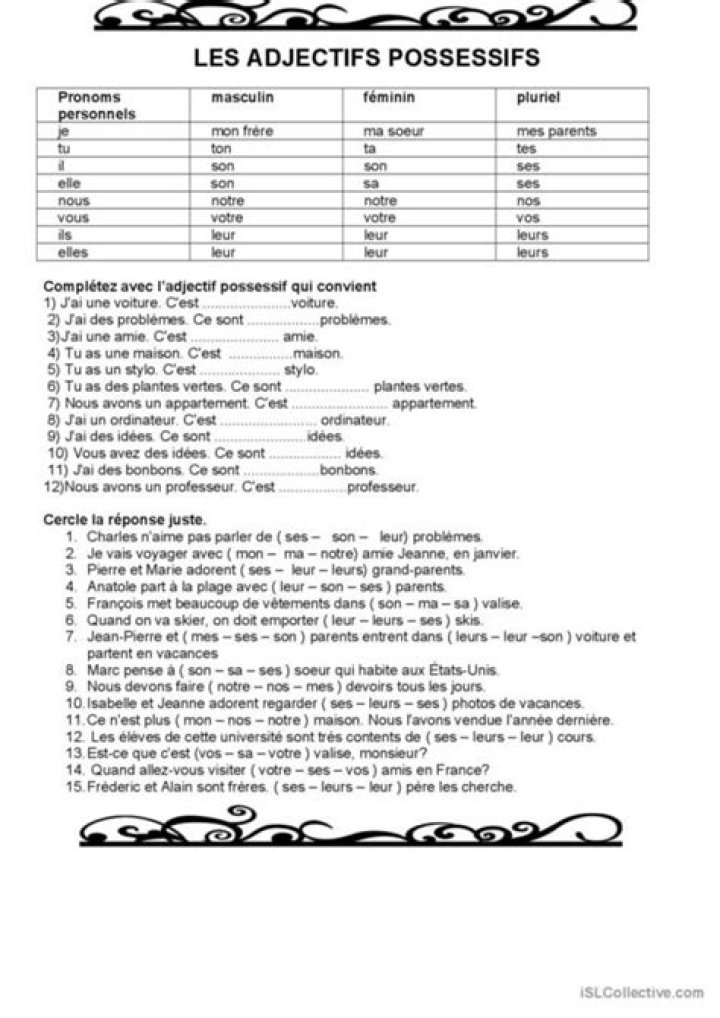 Adjectif Possessif Liste PDF : Modèles Gratuits à Télécharger