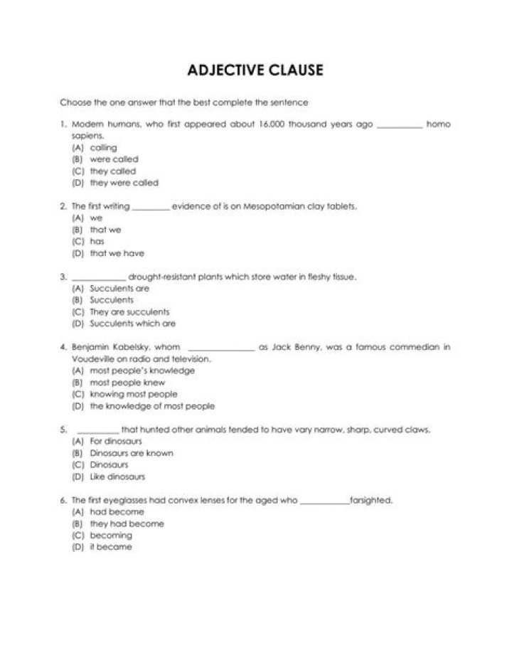 Adjective Adverb & Noun Clauses Worksheet with Answers PDF – Instant Practice with Solutions