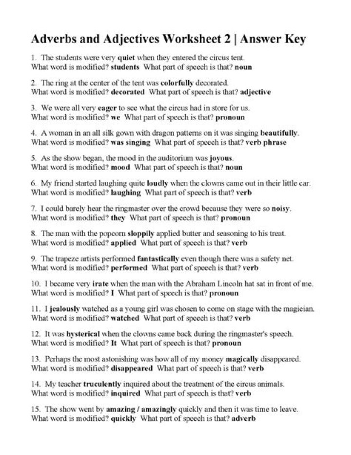 Adjective and Adverb Phrases Worksheets with Answer Key PDF