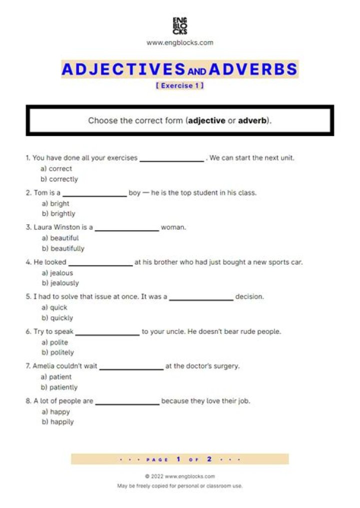 Adjectives and Adverbs Exercises PDF with Answers – Practice Now