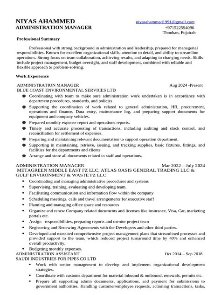 Administration Manager Resume PDF for Career Success