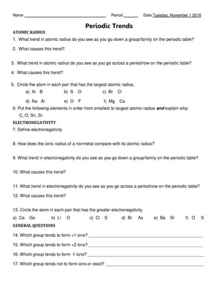 Advanced Periodic Trends POGIL Extension Questions Answer Key PDF