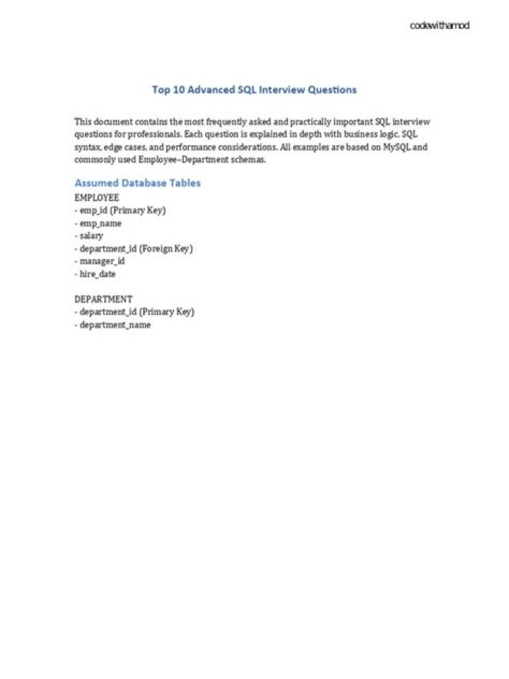 Advanced SQL Interview Questions PDF: Master Data Base Proficiency